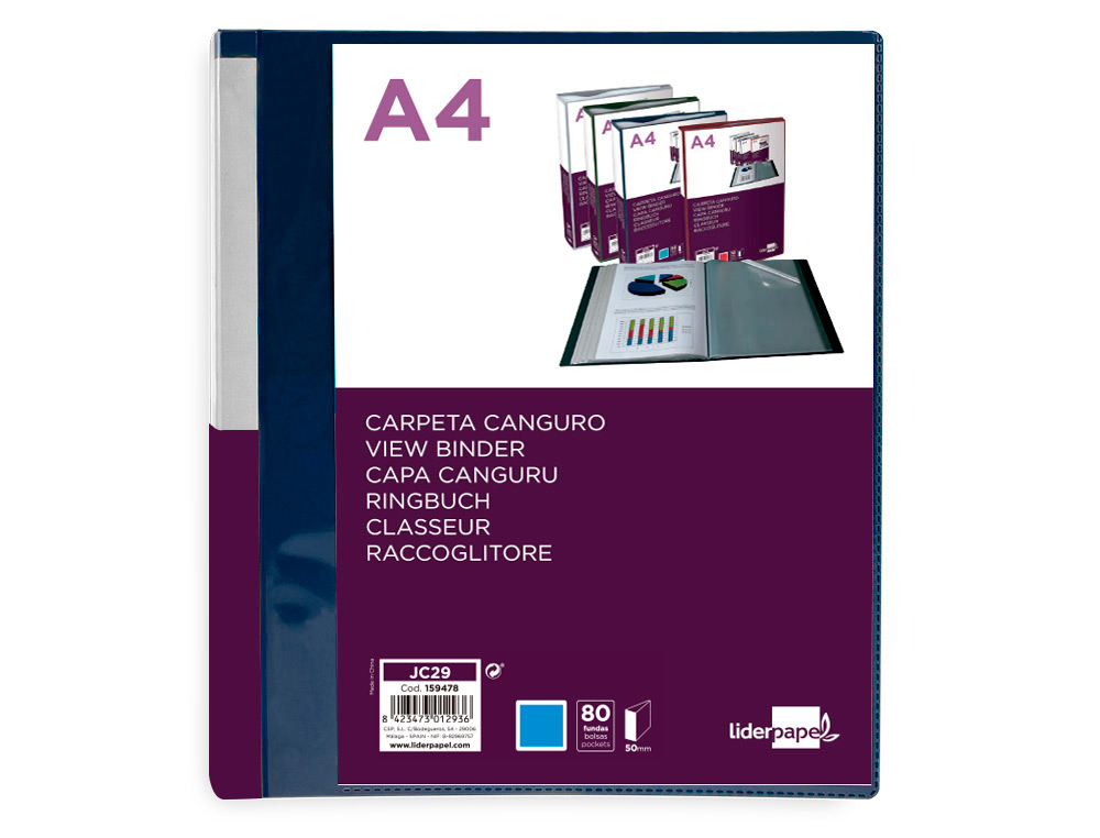 CARPETA LIDERPAPEL 80 FUNDAS CANGURO PP DIN A4 AZUL TRANSLUCIDO PORTADA Y LOMO PERSONALIZABLE