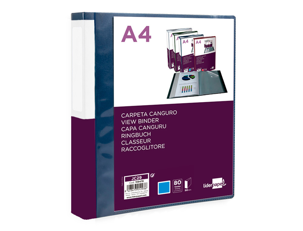 CARPETA LIDERPAPEL 80 FUNDAS CANGURO PP DIN A4 AZUL TRANSLUCIDO PORTADA Y LOMO PERSONALIZABLE