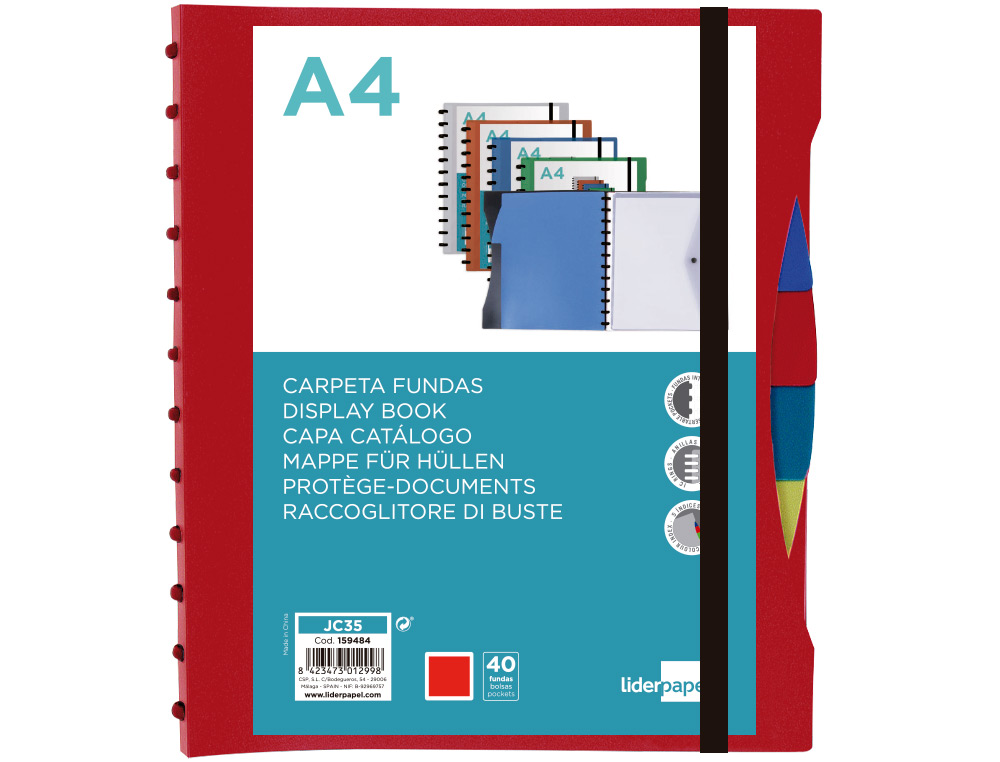CARPETA LIDERPAPEL A4 CON 40 FUNDAS INTERCAMBIABLES 5 SEP SOBRE Y GOMILLA PORTADA Y LOMO PERSONALIZABLE ROJO