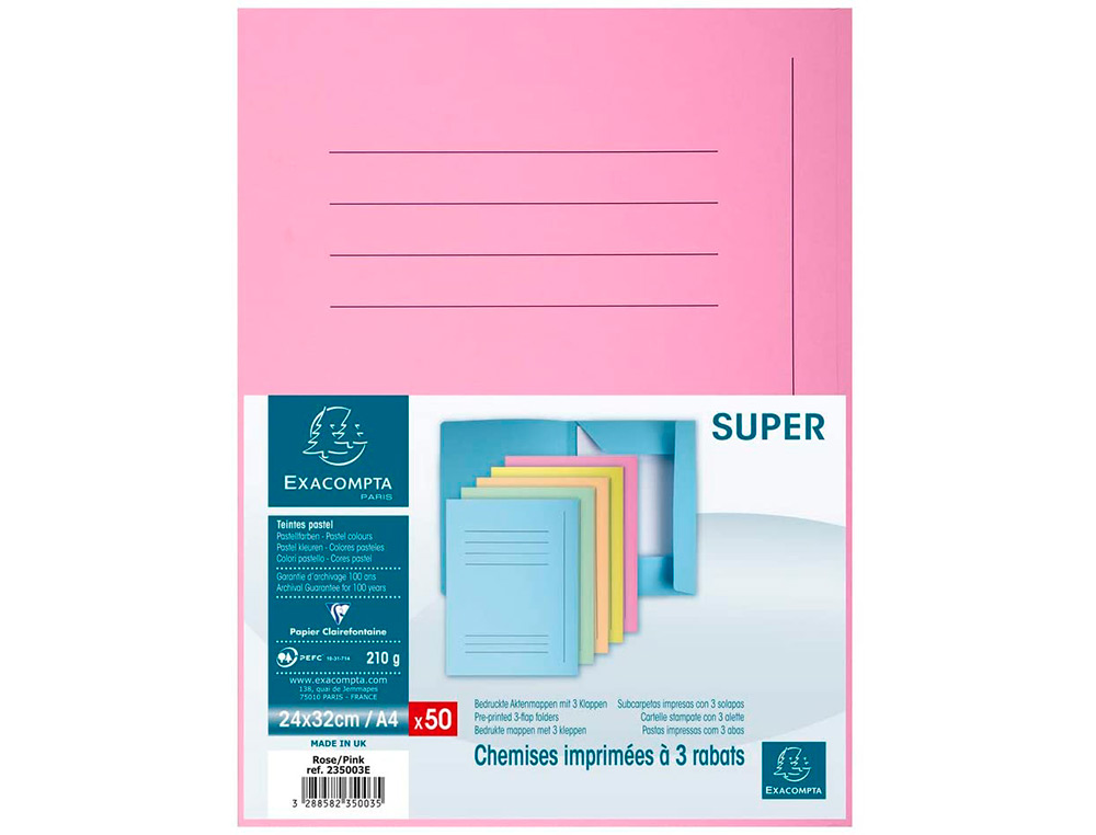 SUBCARPETA CARTULINA CON 3 SOLAPAS EXACOMPTA DIN A4 IMPRESA ROSA 210 GR