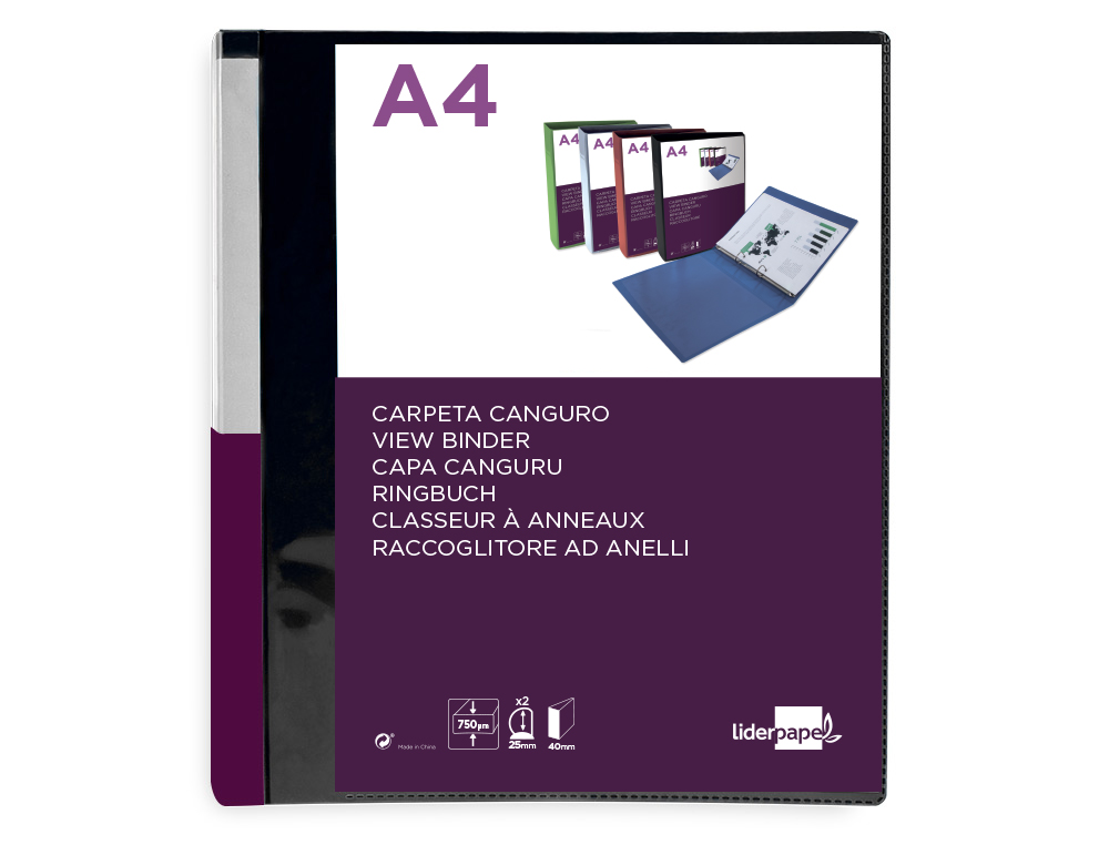CARPETA LIDERPAPEL CANGURO 2 ANILLAS 25 MM MIXTAS POLIPROPILENO DIN A4 NEGRO OPACO