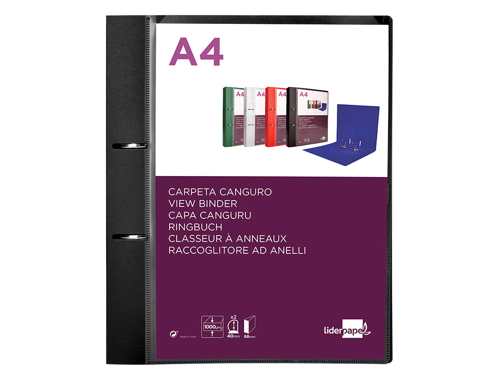 CARPETA LIDERPAPEL CANGURO 2 ANILLAS 40 MM MIXTAS POLIPROPILENO DIN A4 NEGRO OPACO