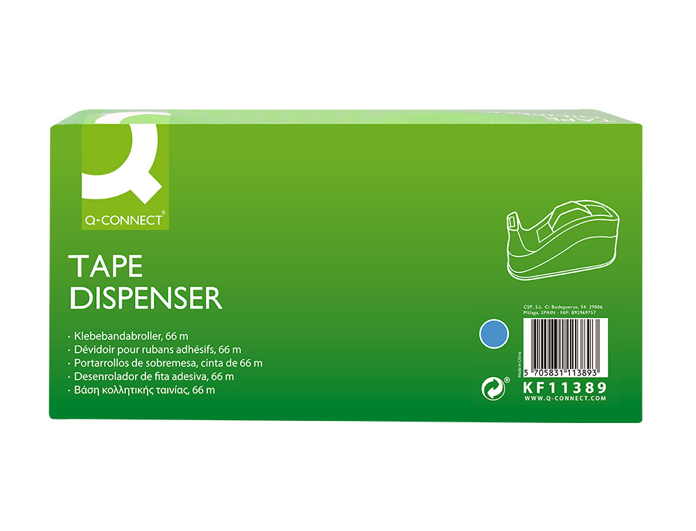 PORTARROLLO SOBREMESA Q-CONNECT PLASTICO PARA CINTAS DE 66 MT COLOR AZUL 220X100X70 MM