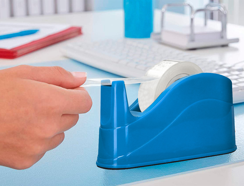 PORTARROLLO SOBREMESA Q-CONNECT PLASTICO PARA CINTAS DE 66 MT COLOR AZUL 220X100X70 MM