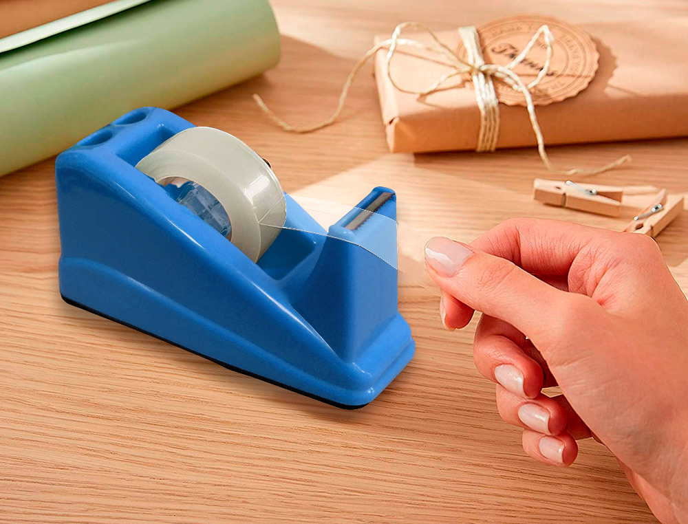 PORTARROLLO SOBREMESA Q-CONNECT PLASTICO PARA CINTA DE 33 MT COLOR AZUL 135X58X60 MM