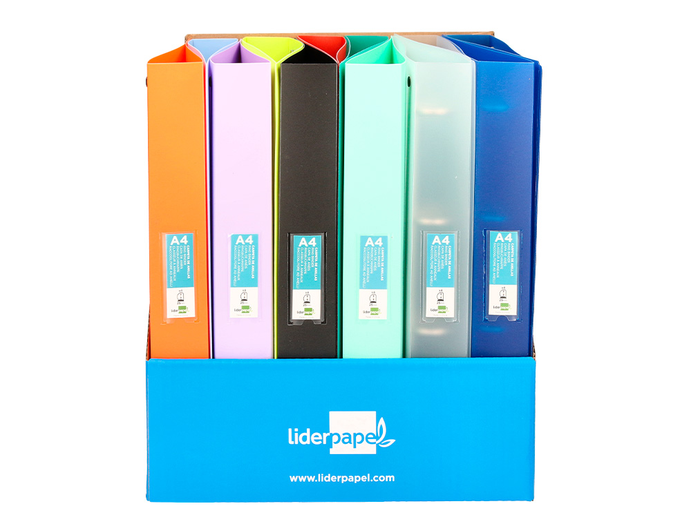 CARPETA LIDERPAPEL 4 ANILLAS 25MM MIXTAS POLIPROPILENO DIN A4 COLORES SURTIDOS EXPOSITOR DE 12 UNIDADES