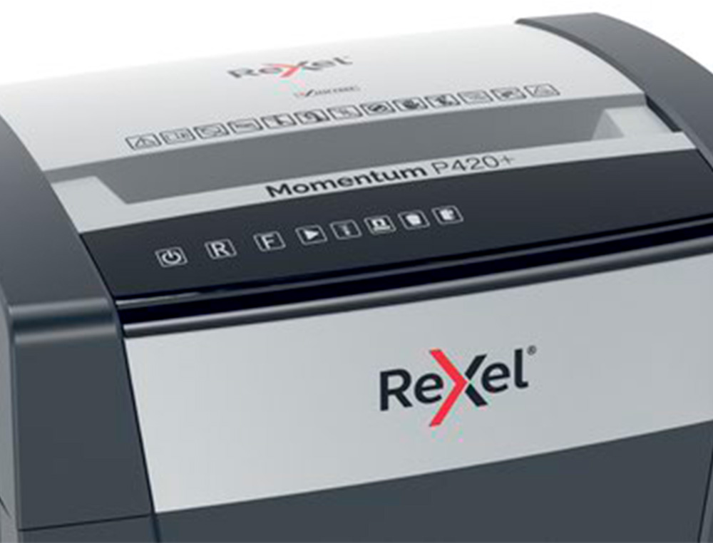 DESTRUCTORA DE DOCUMENTOS REXEL MOMENTUM EXTRA P420+ CAPACIDAD CORTE 20 H P4 DESTRUYE GRAPAS CLIPS CD Y