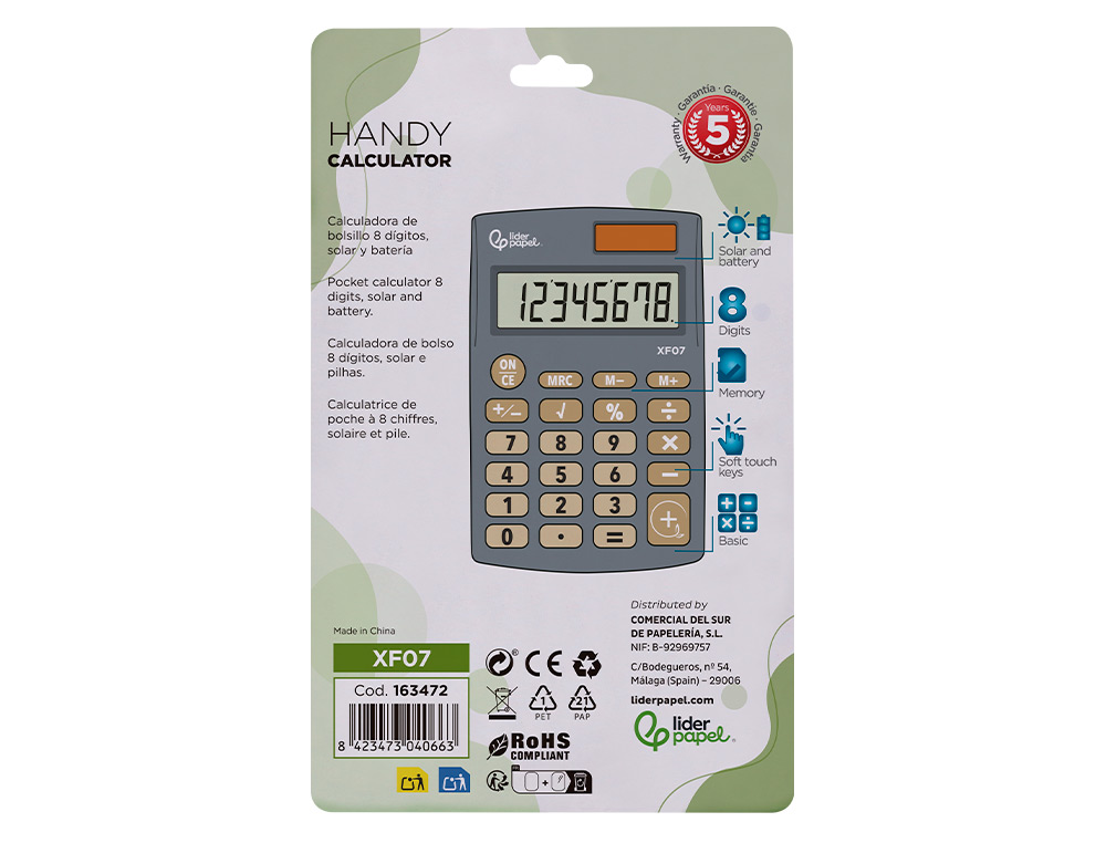 CALCULADORA LIDERPAPEL BOLSILLO XF07 8 DIGITOS SOLAR Y PILAS COLOR GRIS 98X62X8 MM