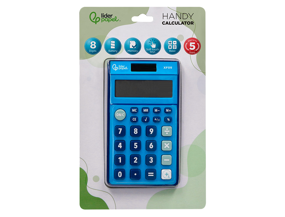 CALCULADORA LIDERPAPEL BOLSILLO XF09 8 DIGITOS SOLAR Y PILAS COLOR AZUL 115X65X8 MM