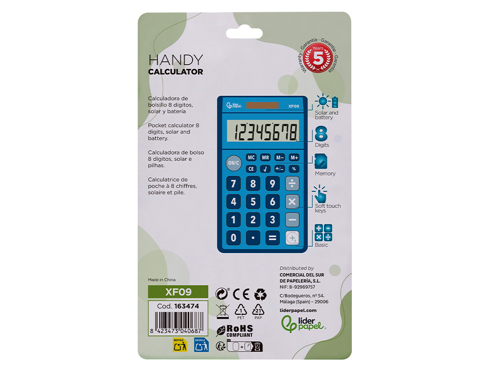 CALCULADORA LIDERPAPEL BOLSILLO XF09 8 DIGITOS SOLAR Y PILAS COLOR AZUL 115X65X8 MM