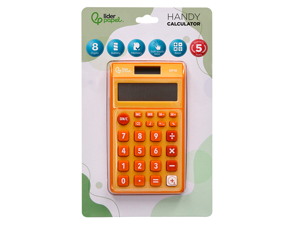 CALCULADORA LIDERPAPEL BOLSILLO XF10 8 DIGITOS SOLAR Y PILAS COLOR NARANJA 115X65X8 MM