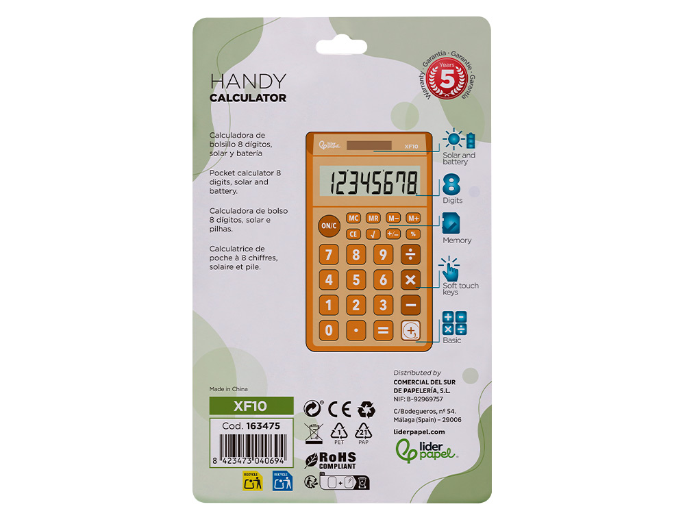 CALCULADORA LIDERPAPEL BOLSILLO XF10 8 DIGITOS SOLAR Y PILAS COLOR NARANJA 115X65X8 MM