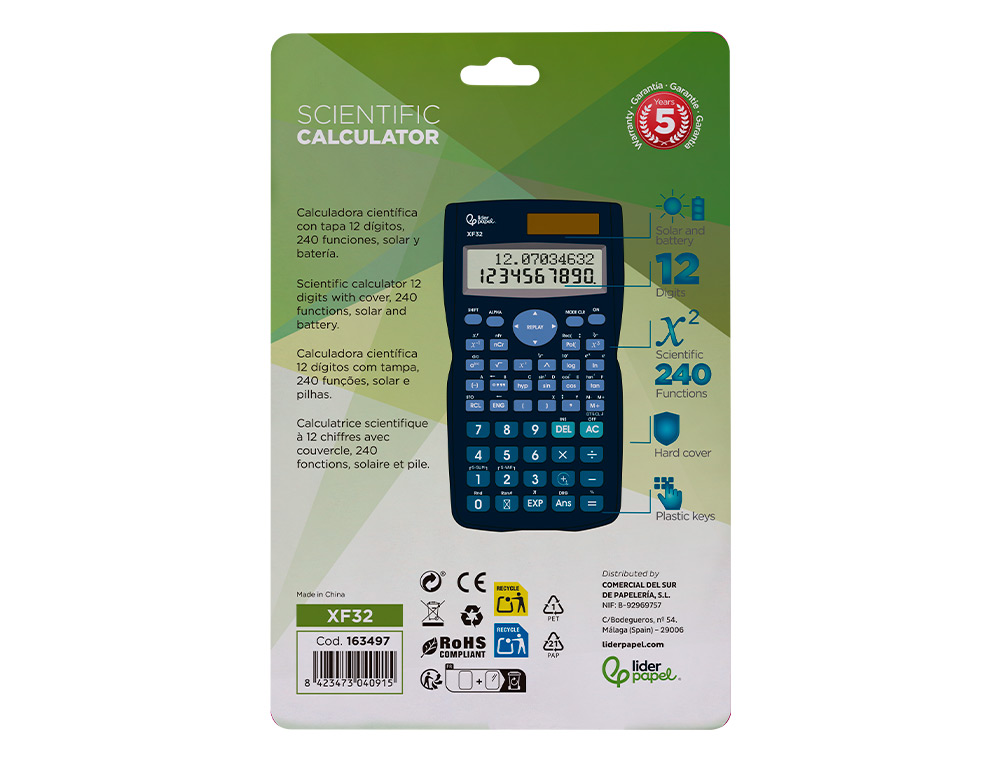 CALCULADORA LIDERPAPEL CIENTIFICA XF32 12 DIGITOS 240 FUNCIONES CON TAPA SOLAR Y PILAS COLOR AZUL 156X85X20