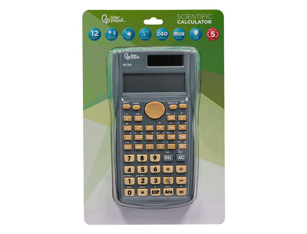 CALCULADORA LIDERPAPEL CIENTIFICA XF34 12 DIGITOS 240 FUNCIONES CON TAPA SOLAR Y PILAS COLOR GRIS 156X85X20