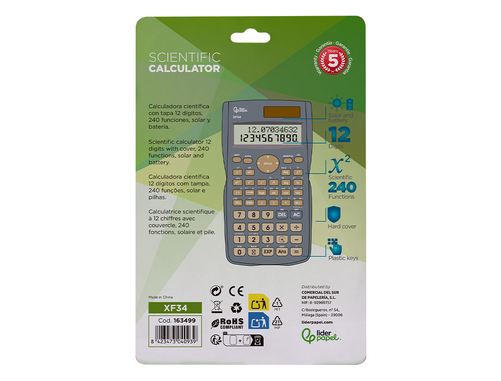CALCULADORA LIDERPAPEL CIENTIFICA XF34 12 DIGITOS 240 FUNCIONES CON TAPA SOLAR Y PILAS COLOR GRIS 156X85X20