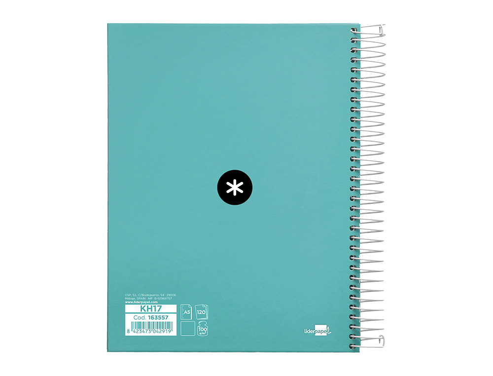 CUADERNO ESPIRAL A5 MICRO ANTARTIK TAPA FORRADA120H 90 GR LISO 5 BANDAS 6 TALADROS COLOR MENTA