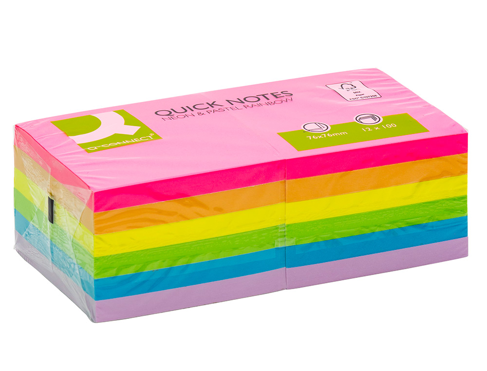 BLOC DE NOTAS ADHESIVAS QUITA Y PON Q-CONNECT 76X76 MM FSC COLORES NEON Y PASTEL SURTIDOS