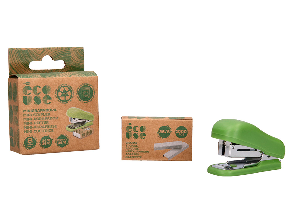 GRAPADORA LIDERPAPEL ECOUSE MINI CAPACIDAD 12 HOJAS 100% PLASTICO RECICLADO CON CAJA DE 1000 GRAPAS 26/6