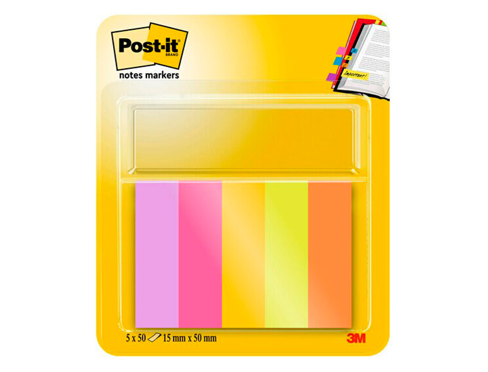 BLOC DE NOTAS ADHESIVAS QUITA Y PON POST-IT MININOTAS ENERGETIC COLOUR 15 X 50 MM 50 HOJAS PACK DE 5 UNIDADES