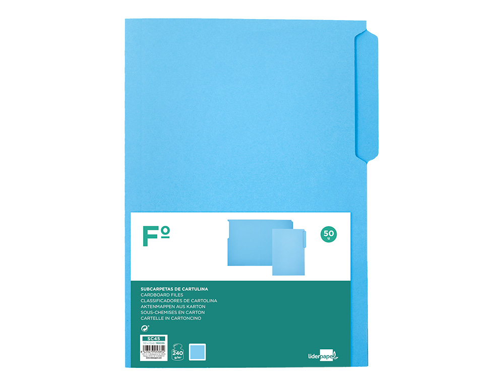 SUBCARPETA CARTULINA LIDERPAPEL FOLIO PESTAÑA IZQUIERDA 240G/M2 AZUL