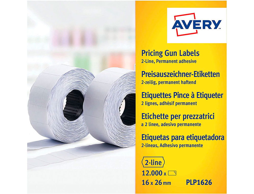 ETIQUETA AVERY ONDULADA BLANCA PERMANENTE 26X16 MM PARA ETIQUETADORA PL21/18 CAJA DE 10 ROLLOS DE 1200 ETIQIETAS