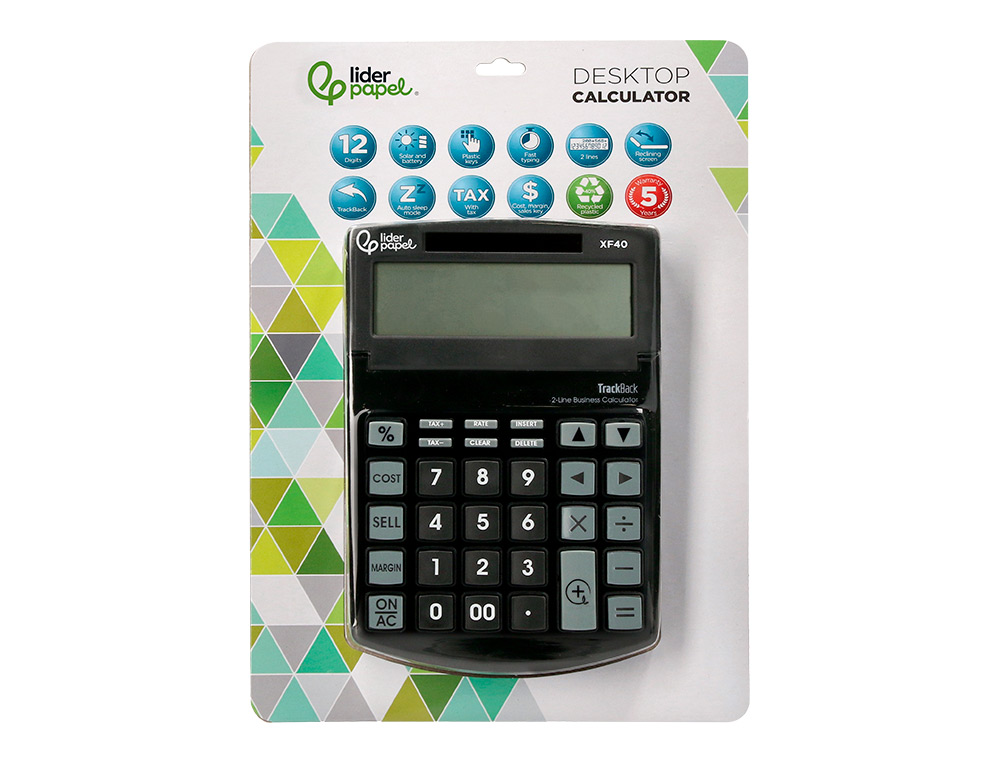 CALCULADORA LIDERPAPEL SOBREMESA XF40 12 DIGITOS DOS LINEAS SOLAR Y PILAS NEGRO 175X120X30 MM 40% RECICLADA