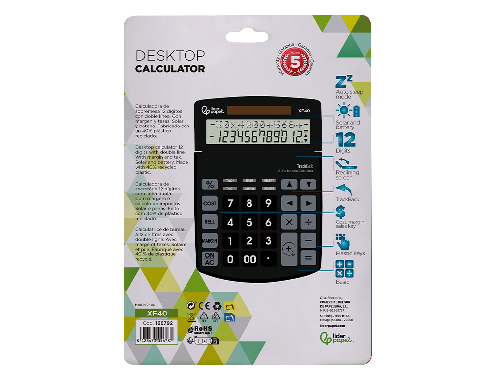CALCULADORA LIDERPAPEL SOBREMESA XF40 12 DIGITOS DOS LINEAS SOLAR Y PILAS NEGRO 175X120X30 MM 40% RECICLADA