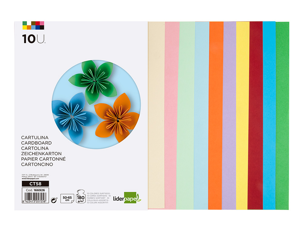 CARTULINA LIDERPAPEL 50X65 CM 180G/M2 10 COLORES SURTIDOS PAQUETE DE 10 HOJAS
