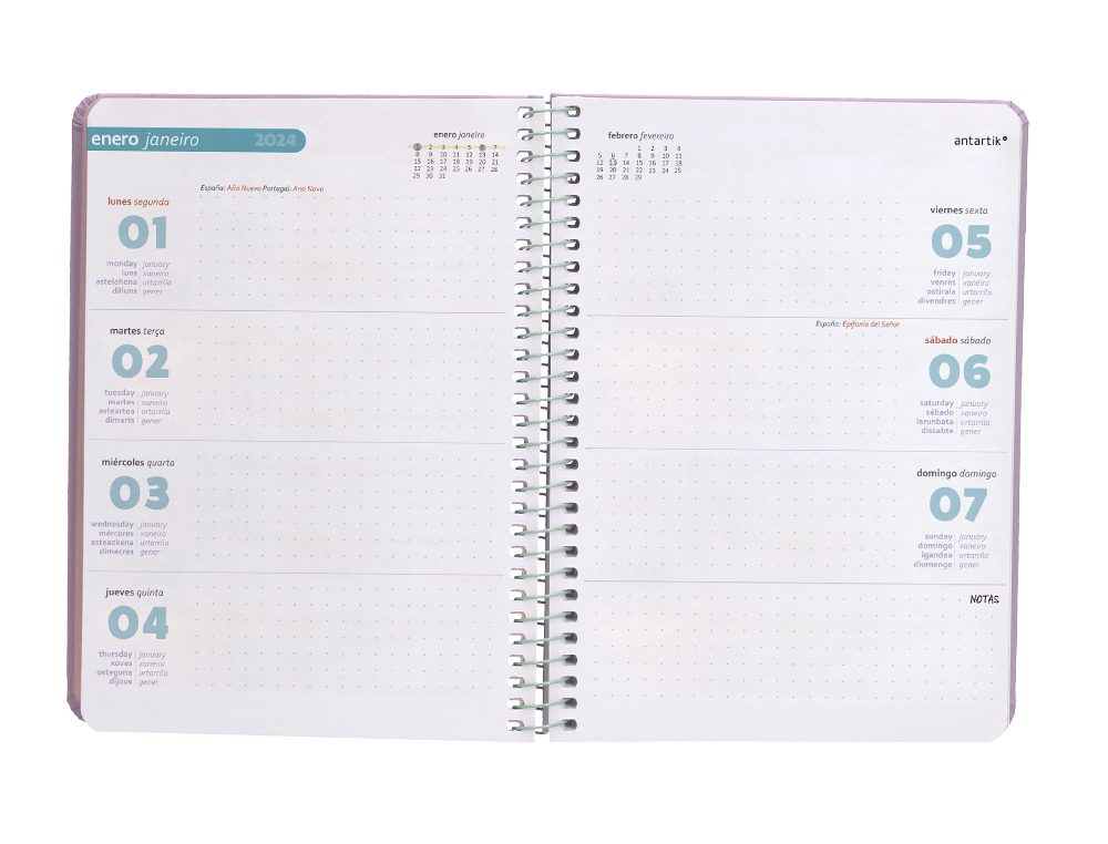 AGENDA DE OFICINA ANTARTIK A5+ 2024 SEMANA VISTA 80 GR CON SOBRE Y 3 HOJAS PEGATINAS PEACH 165X215 MM