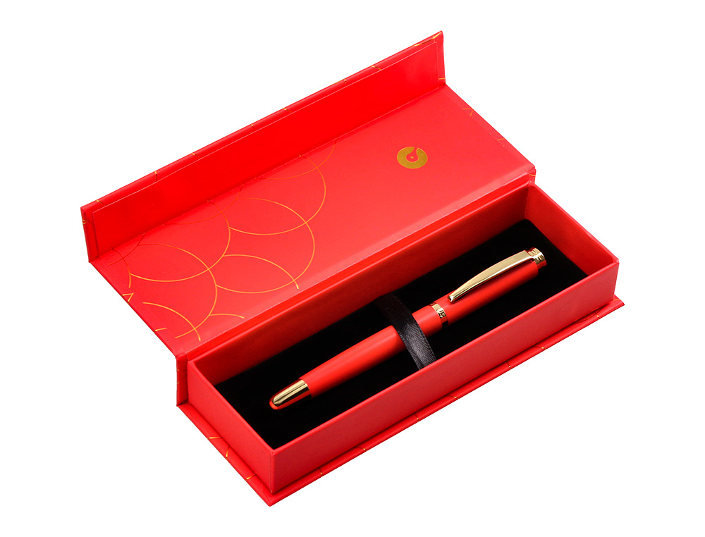 PLUMA BELIUS PASSION DOR ALUMINIO TEXTURA CEPILLADA COLOR ROJO Y DORADO TINTA AZUL CAJA DE DISEO
