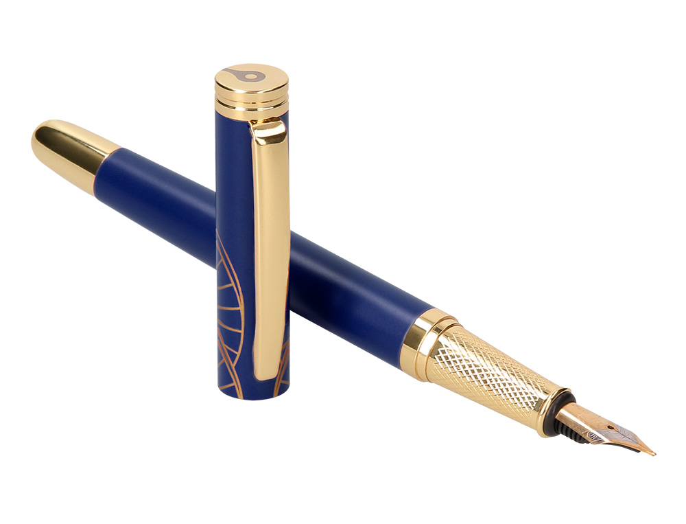 PLUMA Y ESTUCHE BELIUS SOIREE COLOR ART DECO AZUL MARINO Y DORADO TINTA AZUL CAJA DE DISEÑO