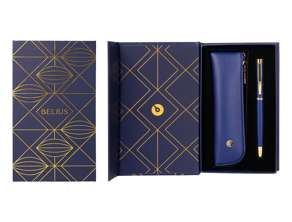 BOLIGRAFO Y ESTUCHE BELIUS SOIREE COLOR AZUL MARINO Y DORADO TINTA AZUL CAJA DE DISEO