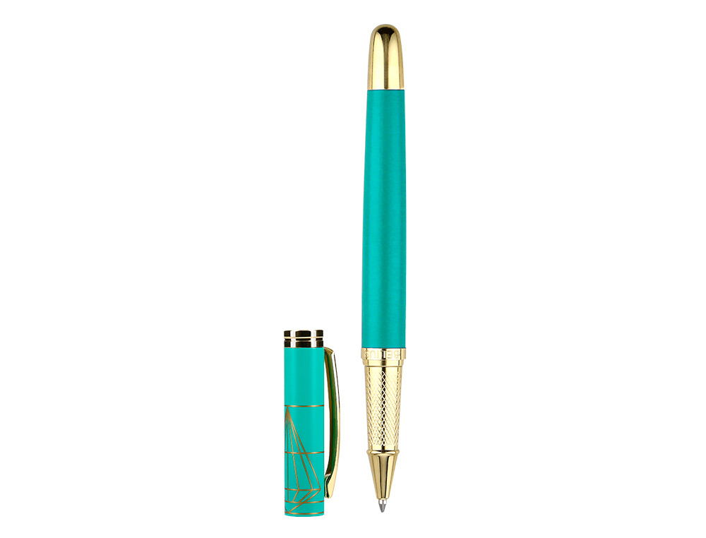 BOLIGRAFO BELIUS SOIREE ALUMINIO COLOR ART DECO TURQUESA Y DORADO TINTA AZUL CAJA DE DISEÑO