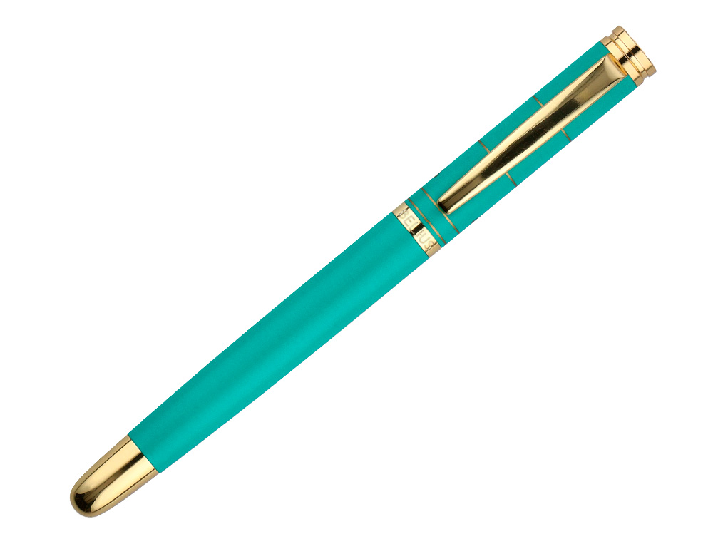 BOLIGRAFO BELIUS SOIREE ALUMINIO COLOR ART DECO TURQUESA Y DORADO TINTA AZUL CAJA DE DISEÑO