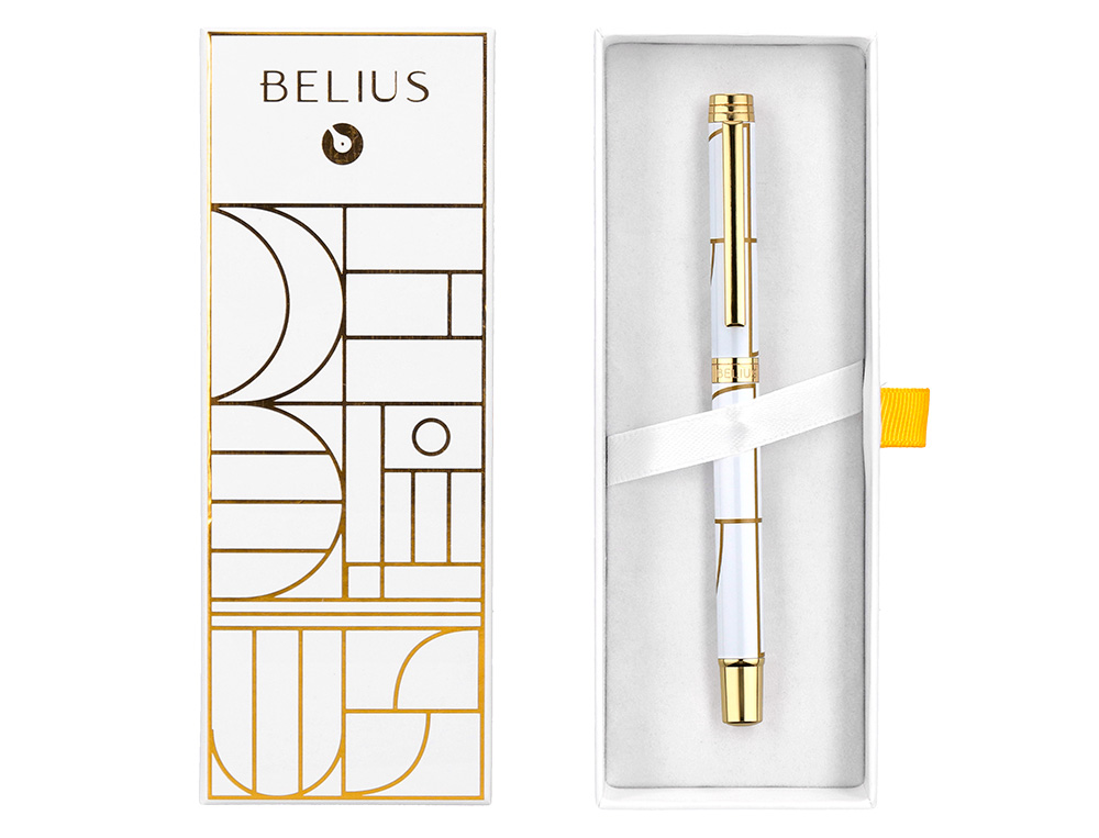 ROLLER BELIUS CARTE BLANCHE COLOR BLANCO Y DORADO TINTA NEGRA CAJA DE DISEÑO