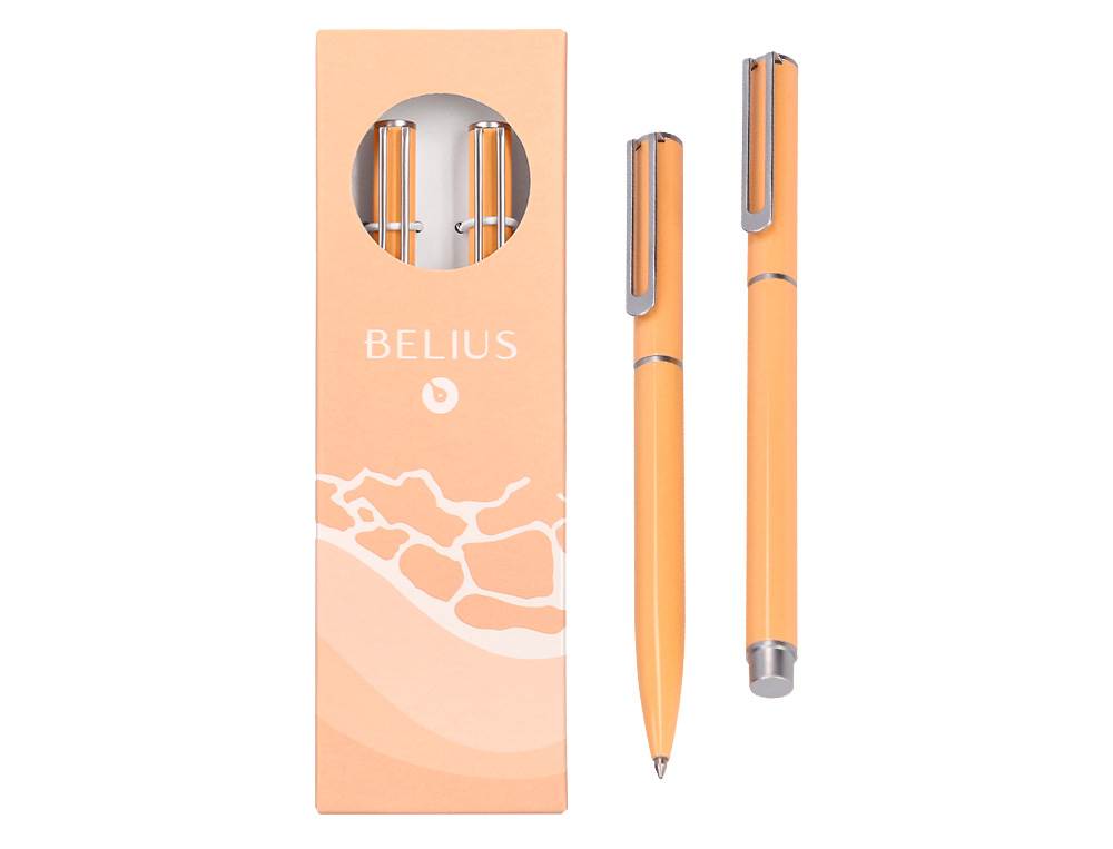 JUEGO BOLIGRAFO Y ROLLER BELIUS ENDLESS SUMMER ALUMINIO COLOR NARANJA Y PLATEADO TINTA AZUL CAJA DE DISEO