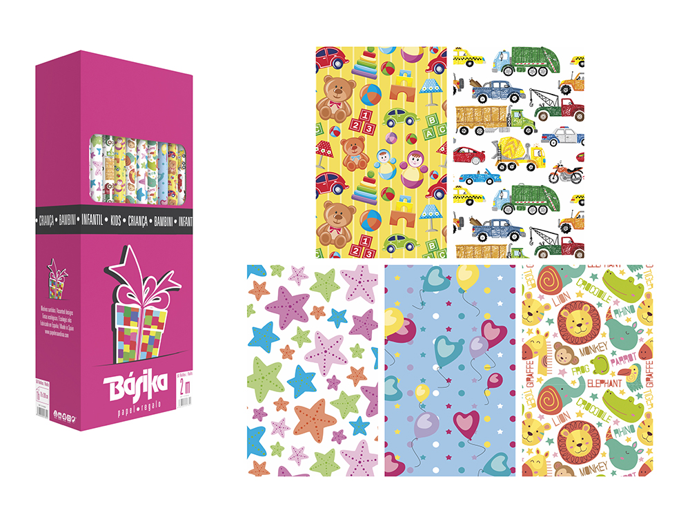 PAPEL DE REGALO BASIKA INFANTIL ROLLO ANCHO 70 CM LONGITUD 2 M DISEOS SURTIDOS GRAMAJE 60 GR