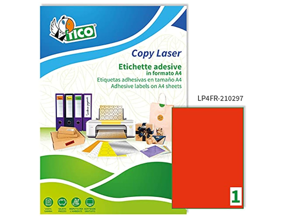ETIQUETA ADHESIVA TICO ROJO FL UORESCENTES PERMANENTE FSC LASER/INKJET/FOTOCOPIA 210X297 MMCAJA DE 70 UNIDADES
