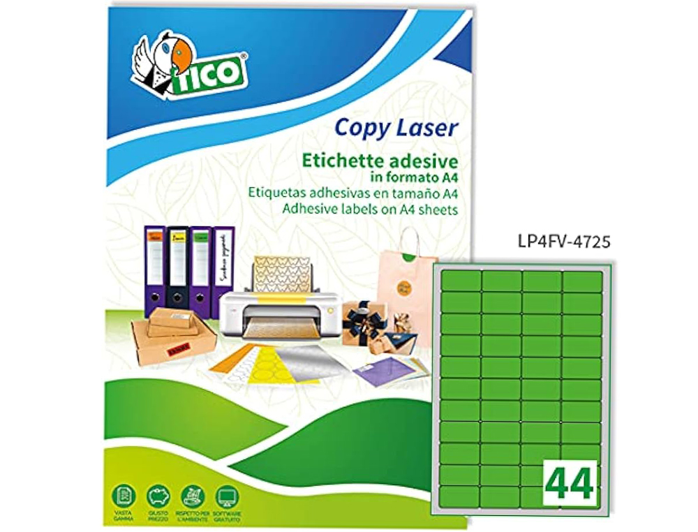 ETIQUETA ADHESIVA TICO VERDE F LUORESCENTES PERMANENTE FSC LASER/INKJET/FOTOCOPIA 47,5X25,5 MMCAJA DE 3080 UNIDADES