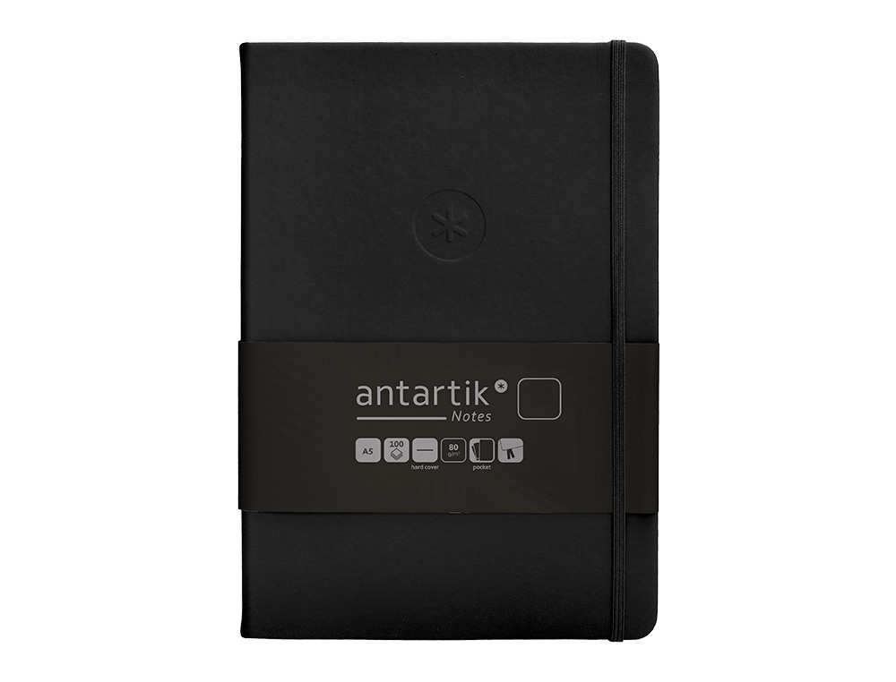 CUADERNO CON GOMILLA ANTARTIK NOTES TAPA DURA A5 HOJAS LISAS NEGRO 100 HOJAS 80 GR FSC