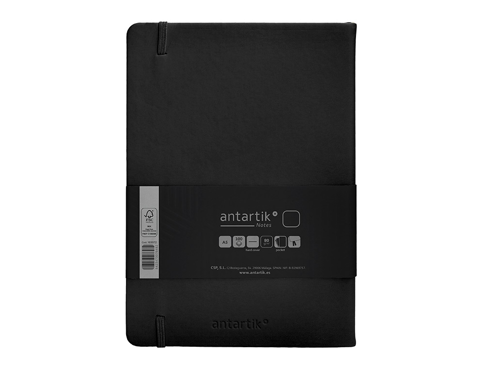 CUADERNO CON GOMILLA ANTARTIK NOTES TAPA DURA A5 HOJAS LISAS NEGRO 100 HOJAS 80 GR FSC