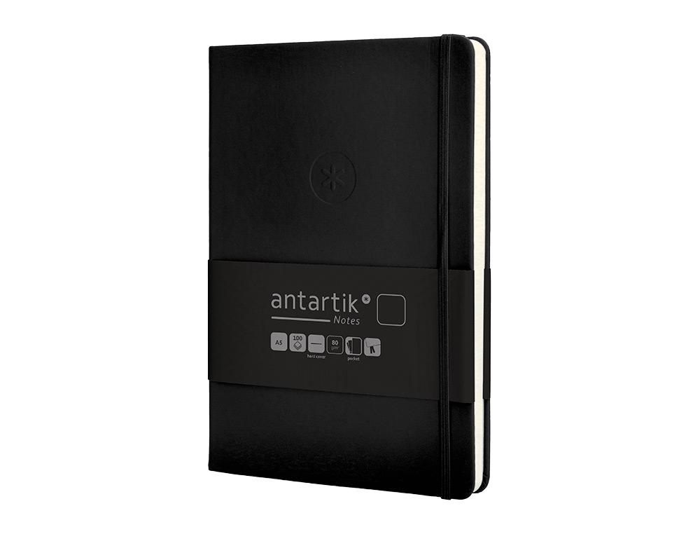 CUADERNO CON GOMILLA ANTARTIK NOTES TAPA DURA A5 HOJAS LISAS NEGRO 100 HOJAS 80 GR FSC