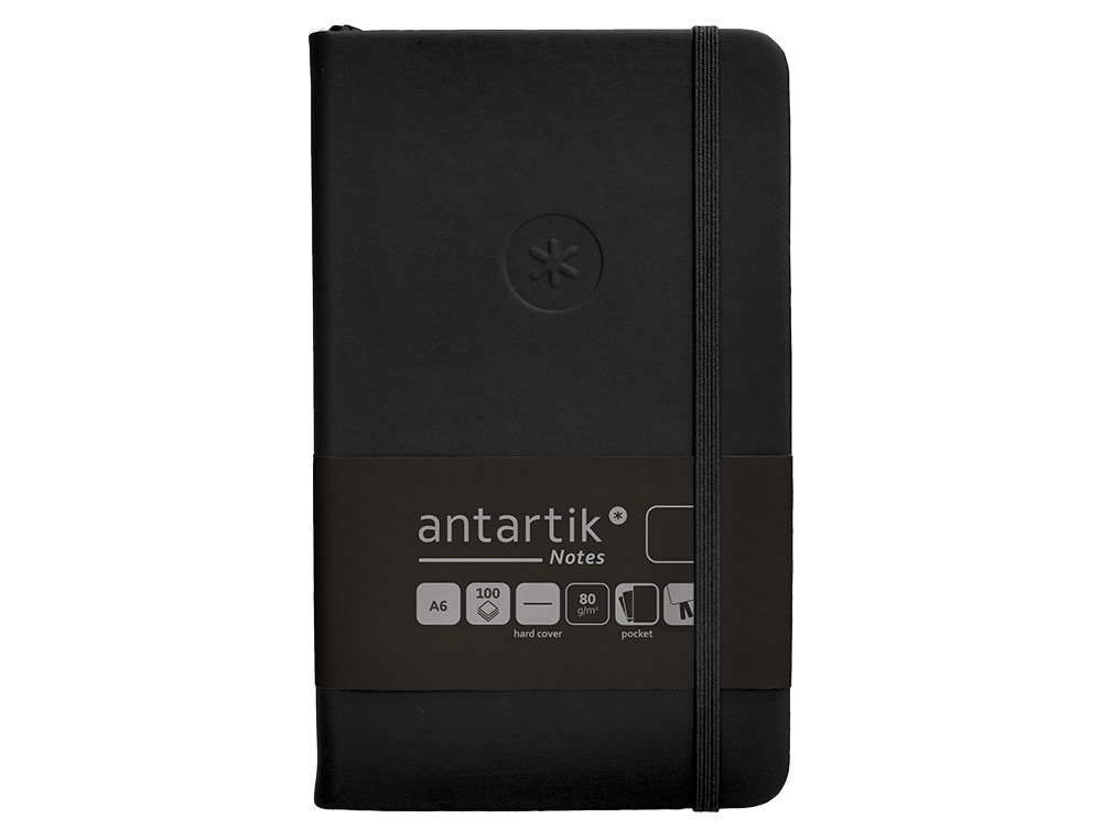 CUADERNO CON GOMILLA ANTARTIK NOTES TAPA DURA A6 HOJAS LISAS NEGRO 100 HOJAS 80 GR FSC