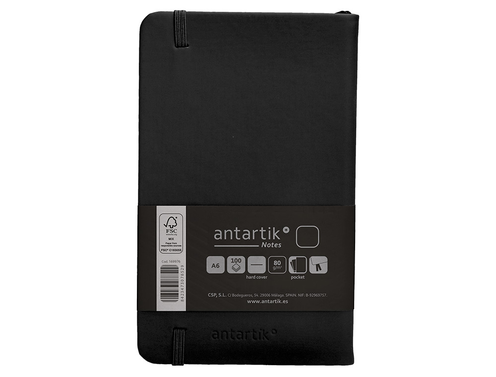 CUADERNO CON GOMILLA ANTARTIK NOTES TAPA DURA A6 HOJAS LISAS NEGRO 100 HOJAS 80 GR FSC