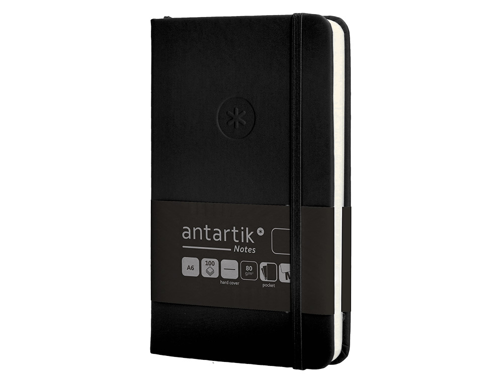 CUADERNO CON GOMILLA ANTARTIK NOTES TAPA DURA A6 HOJAS LISAS NEGRO 100 HOJAS 80 GR FSC