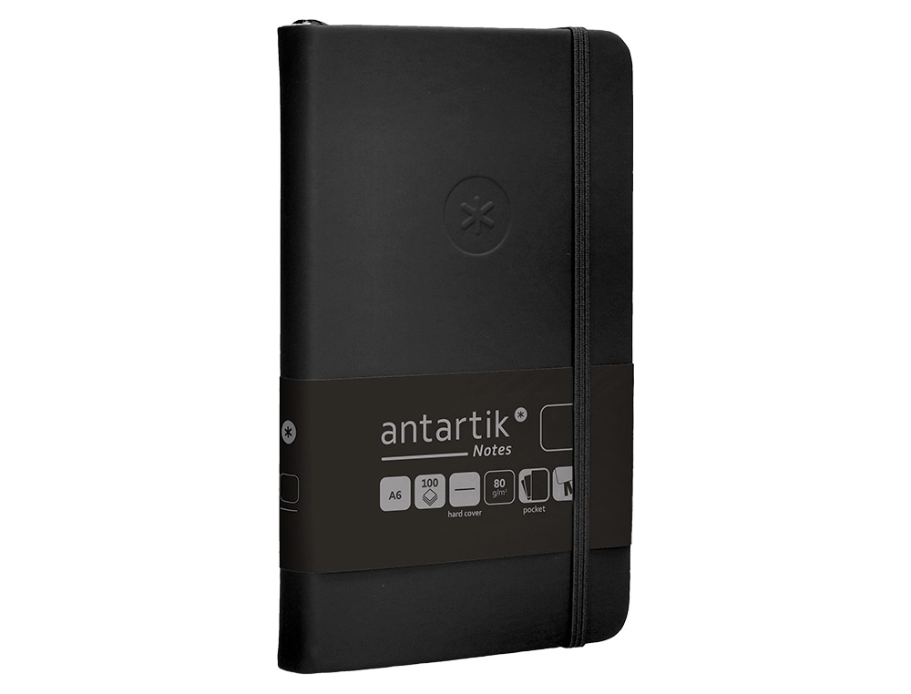 CUADERNO CON GOMILLA ANTARTIK NOTES TAPA DURA A6 HOJAS LISAS NEGRO 100 HOJAS 80 GR FSC
