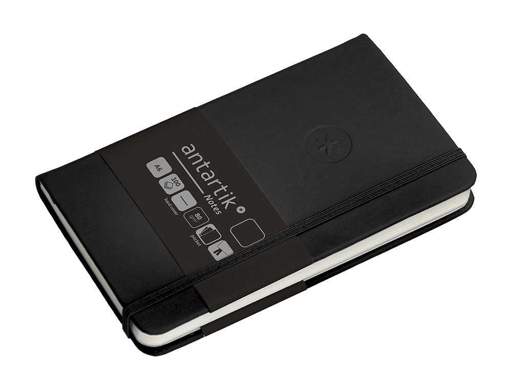 CUADERNO CON GOMILLA ANTARTIK NOTES TAPA DURA A6 HOJAS LISAS NEGRO 100 HOJAS 80 GR FSC