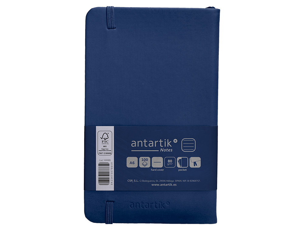 CUADERNO CON GOMILLA ANTARTIK NOTES TAPA DURA A6 HOJAS RAYAS AZUL MARINO 100 HOJAS 80 GR FSC