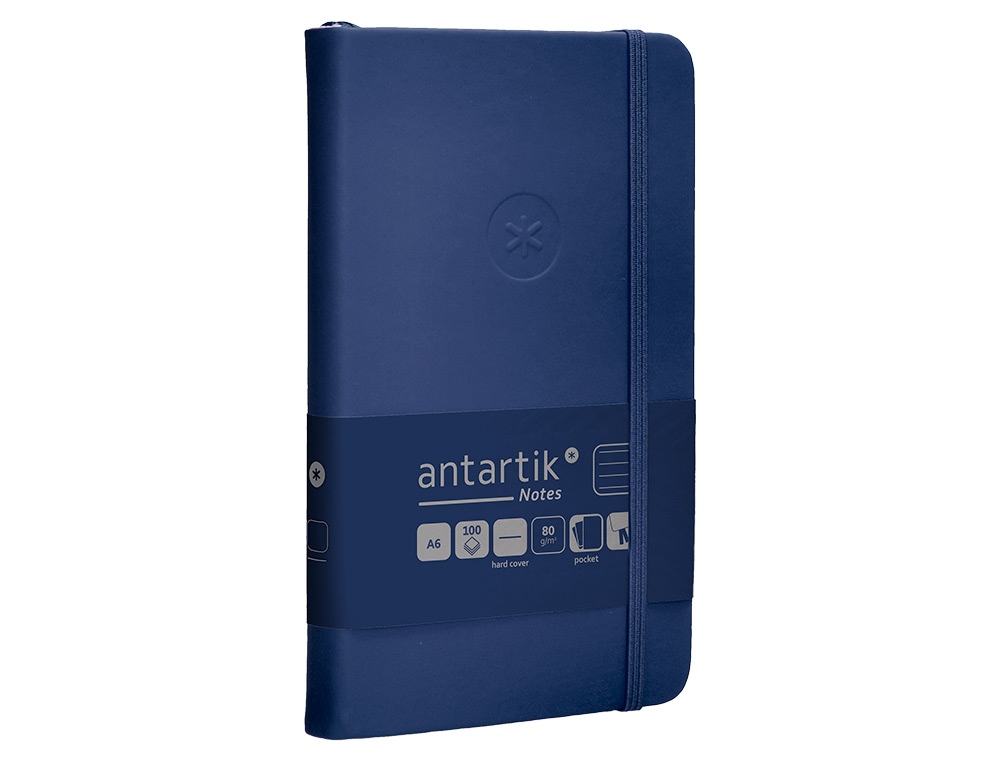 CUADERNO CON GOMILLA ANTARTIK NOTES TAPA DURA A6 HOJAS RAYAS AZUL MARINO 100 HOJAS 80 GR FSC