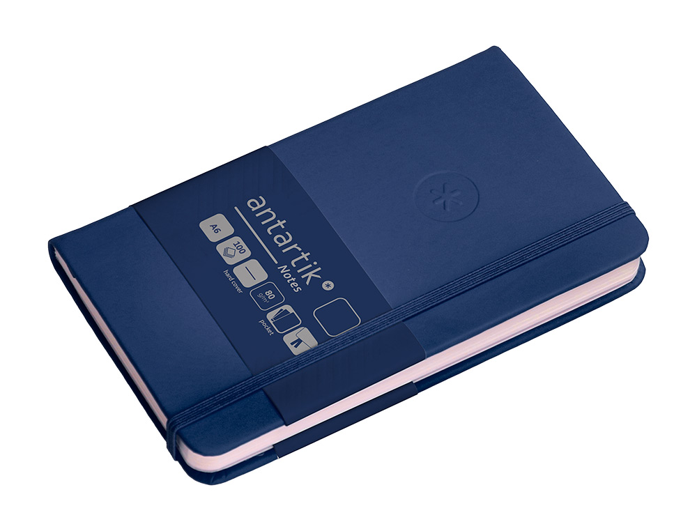 CUADERNO CON GOMILLA ANTARTIK NOTES TAPA DURA A6 HOJAS RAYAS AZUL MARINO 100 HOJAS 80 GR FSC